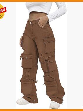 High Waist Baggy Cargo Jeans with Pockets, Streetwear Denim Pants